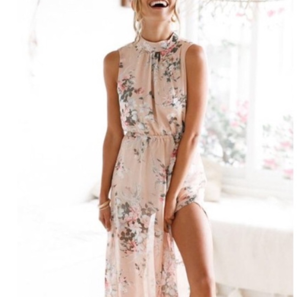 Round Neck Floral Printed Side Slit Maxi Dress